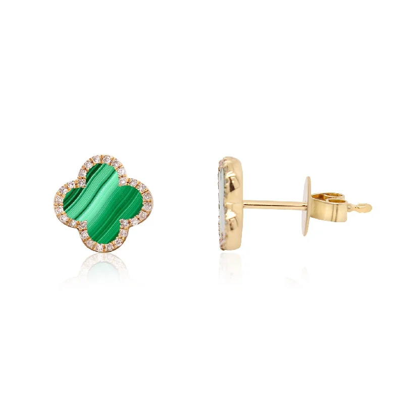 Stud Earrings for Wedding Ceremony -Malachite Diamond Clover Stud Earrings