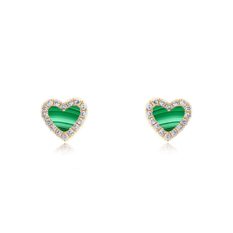 Heavy Duty Stud Earrings for Durability -Malachite Diamond Halo Heart Stud Earrings