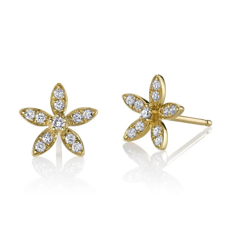 Stud Earrings for Festival Style -14K Yellow Gold 0.23ct. Diamond Floral Blossom Stud Earrings