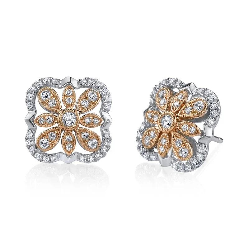 Stud Earrings for Office Wear -14K Two-Tone Gold 0.28ct. Diamond Filigree Design Stud Earrings