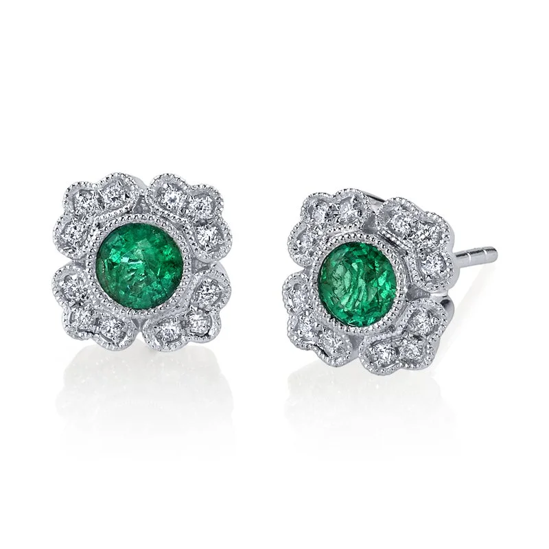 Stud Earrings for Christmas Party -14K White Gold 0.45ct. Emerald & 0.15ct. Diamond Antique Inspired Stud Earrings