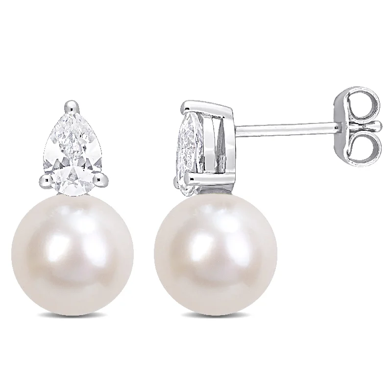 Stud Earrings with Keyhole Designs -Miadora 8.5-9mm White Cultured Freshwater Pearl and 1 1/3ct TGW Created White Sapphire Stud Earrings in Sterling Silver