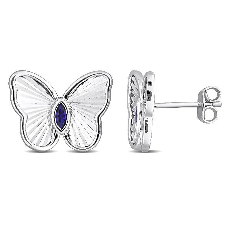 Stud Earrings with Hammered Finish -Mimi & Max 1/4ct TGW Marquise-Cut Created Blue Sapphire Butterfly Stud Earrings Sterling Silver