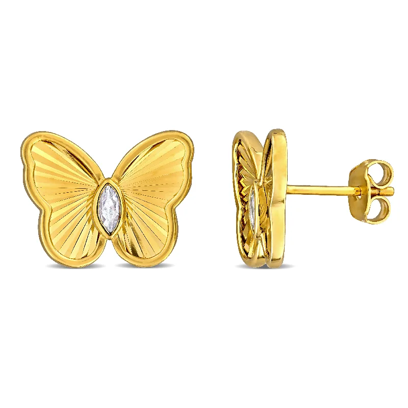 Stud Earrings for Engagement Party -Mimi & Max 1/4ct TGW Marquise-Cut Created White Sapphire Butterfly Stud Earrings Yellow Silver