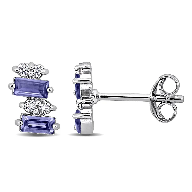 Stud Earrings with Textured Surface -Mimi & Max 7/8 ct TGW Baguette Shaped Tanzanite and White Topaz Stud Earrings in Sterling Silver