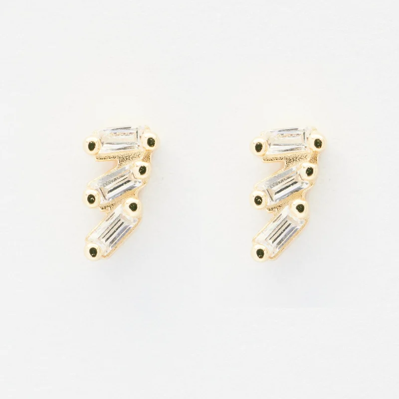 Screw Back Stud Earrings for Security -Miu Tiny Triple CZ Baguette Gold Stud Earrings