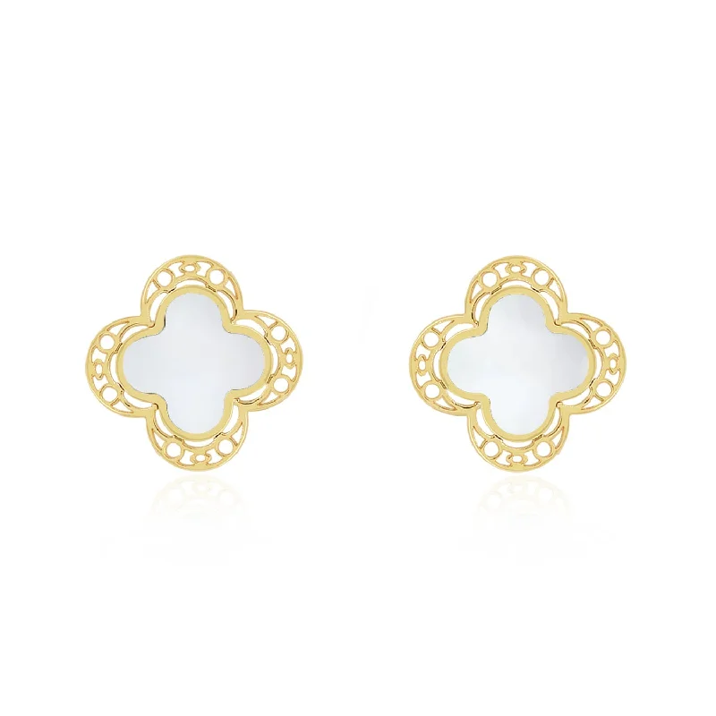 Stud Earrings with Pearls and Diamonds -Mother of Pearl Lace Clover Stud Earrings