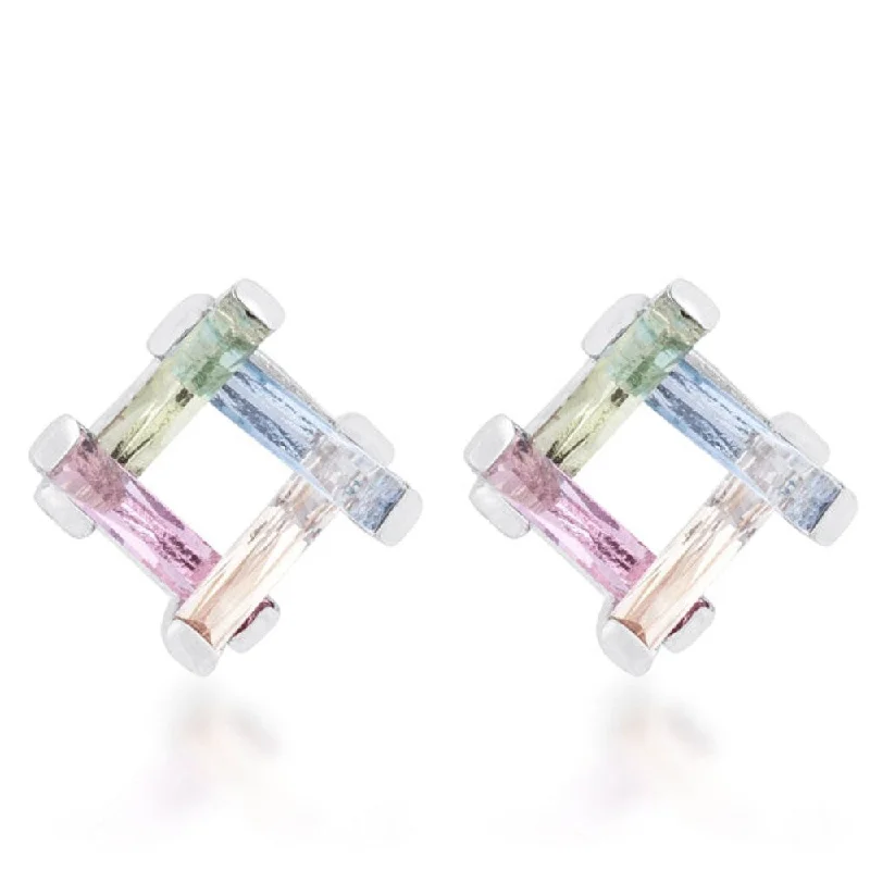 Stud Earrings for Travel Look -Myra 10Ct Multicolor Cz Rhodium Stud Earrings - 12 Mm L X 12 Mm W X 7 Mm H