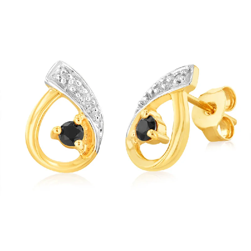 Vintage Stud Earrings with Patina -Natural Dark Round Sapphire 2.5mm & Small Diamond Stud Earrings in 9ct Yellow Gold