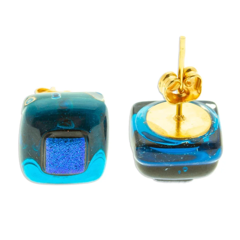 Geometric Stud Earrings for Trend -Novica Handmade Blue Dichroic Fused Glass Mosaic Stud Earrings