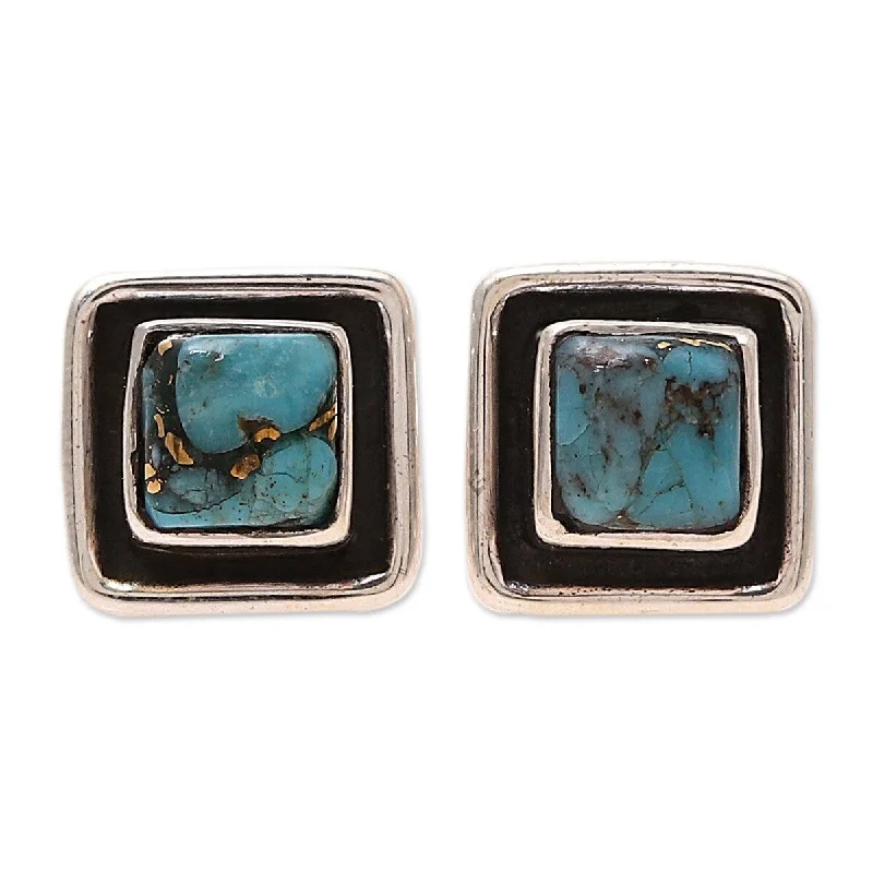 Vintage Stud Earrings with Patina -NOVICA Mystic Frame, Sterling silver and composite turquoise stud earrings - 0.4*0.4