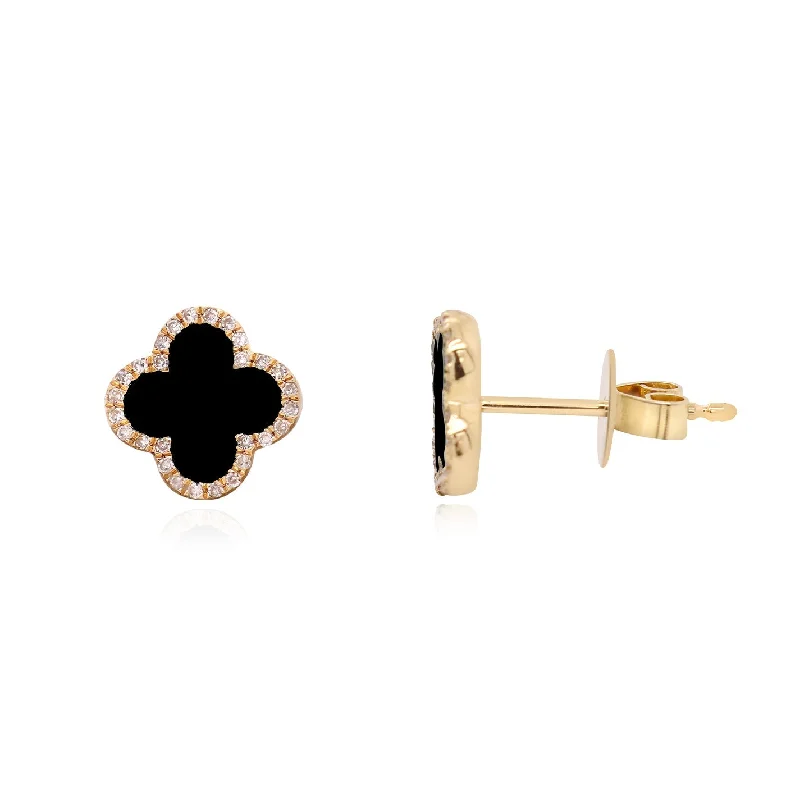 Stud Earrings with Star Motifs -Onyx Diamond Clover Stud Earrings