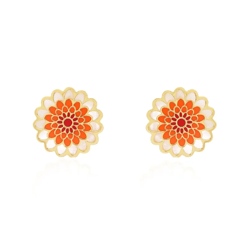 Hippie Stud Earrings with Beads -Orange Dahlia Flower Stud Earrings