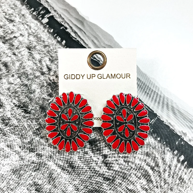 Stud Earrings for Beach Outfit -Our Last Dance Oval Concho Cluster Epoxy Stud Earrings in Red and Silver Tone