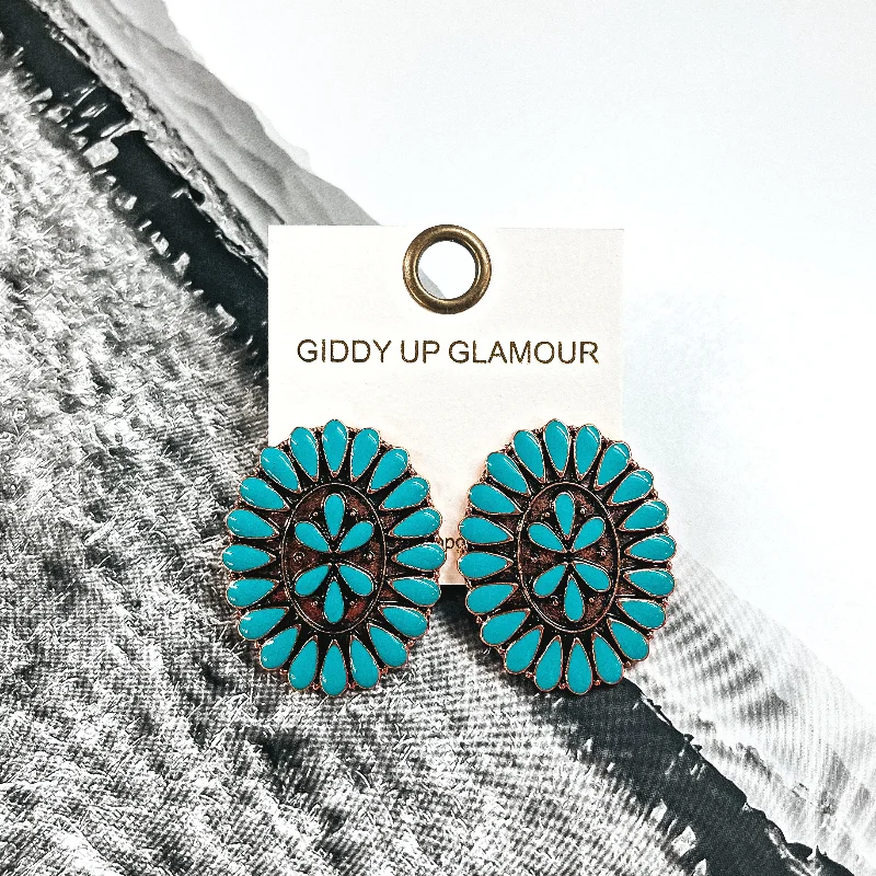 Stud Earrings for Casual Outfit -Our Last Dance Oval Concho Cluster Epoxy Stud Earrings in Turquoise and Copper Tone