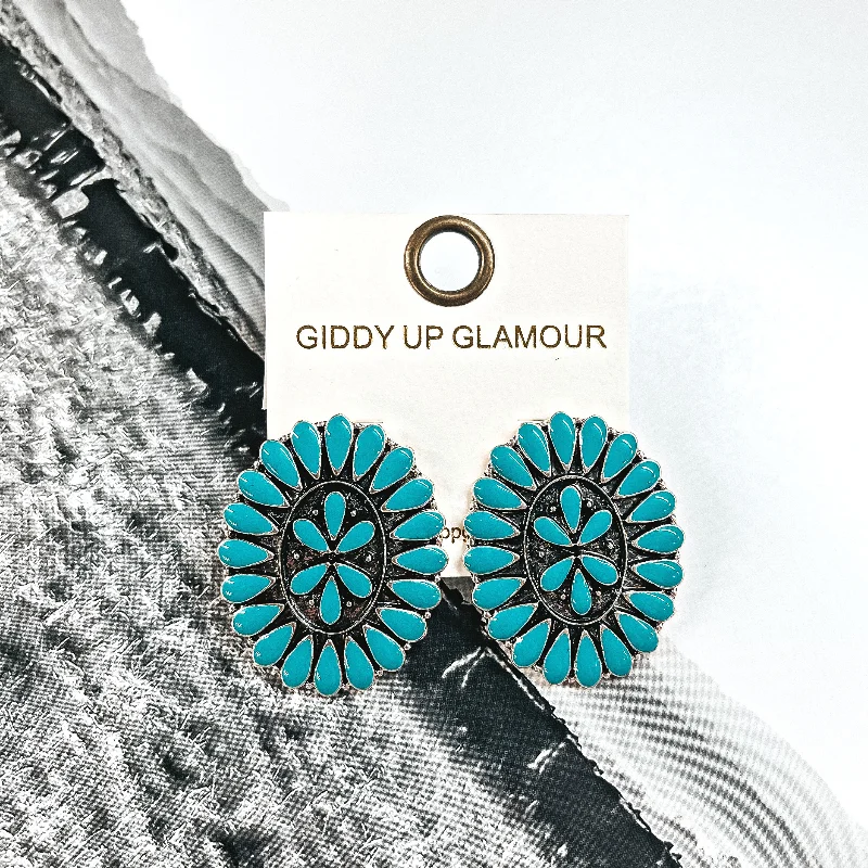 Stud Earrings for Office Wear -Our Last Dance Oval Concho Cluster Epoxy Stud Earrings in Turquoise and Silver Tone