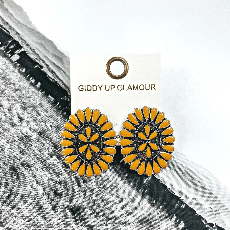 Stud Earrings for Concert Look -Our Last Dance Oval Concho Cluster Epoxy Stud Earrings in Yellow and Silver Tone