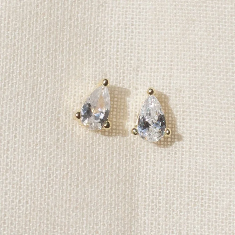 Silver Stud Earrings for Men -Pear CZ Stone 14k Gold Prong Stud Earrings