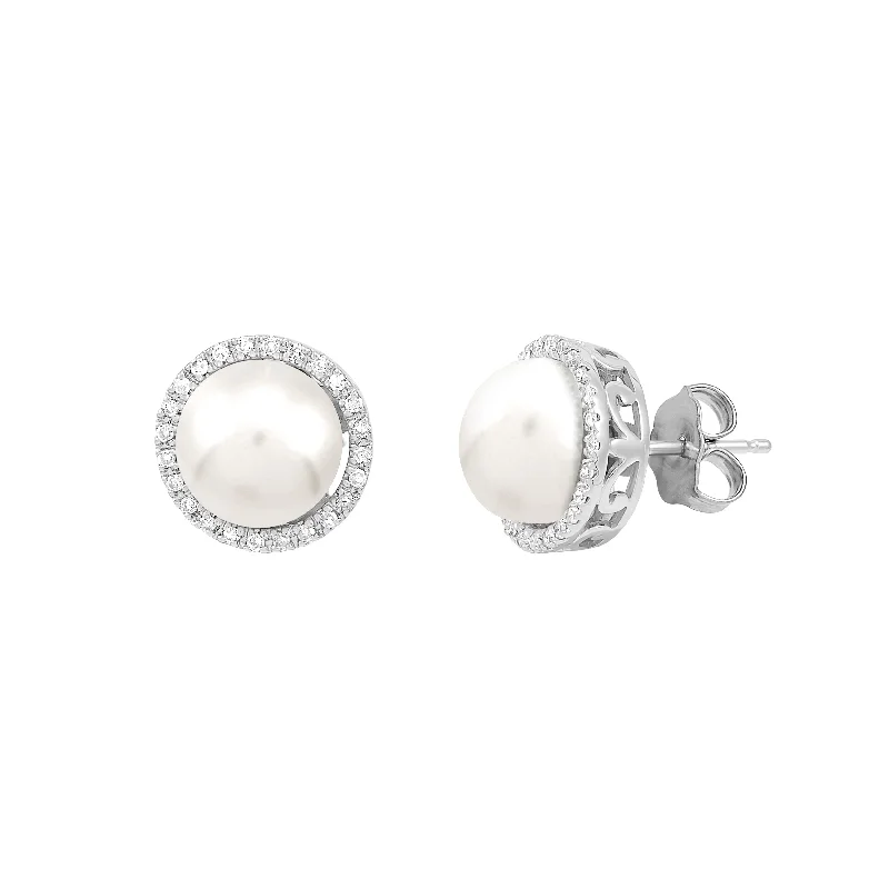 Stud Earrings for School Uniform -Sabel Pearl 14K White Gold Pearl and Diamond Halo Stud Earrings