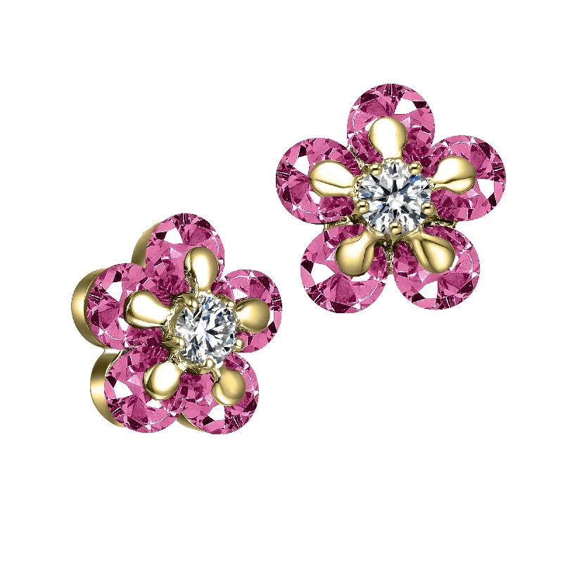 Stud Earrings with Etching -Pink Bloom Gold Sterling Silver Cubic Zirconia Stud Earrings