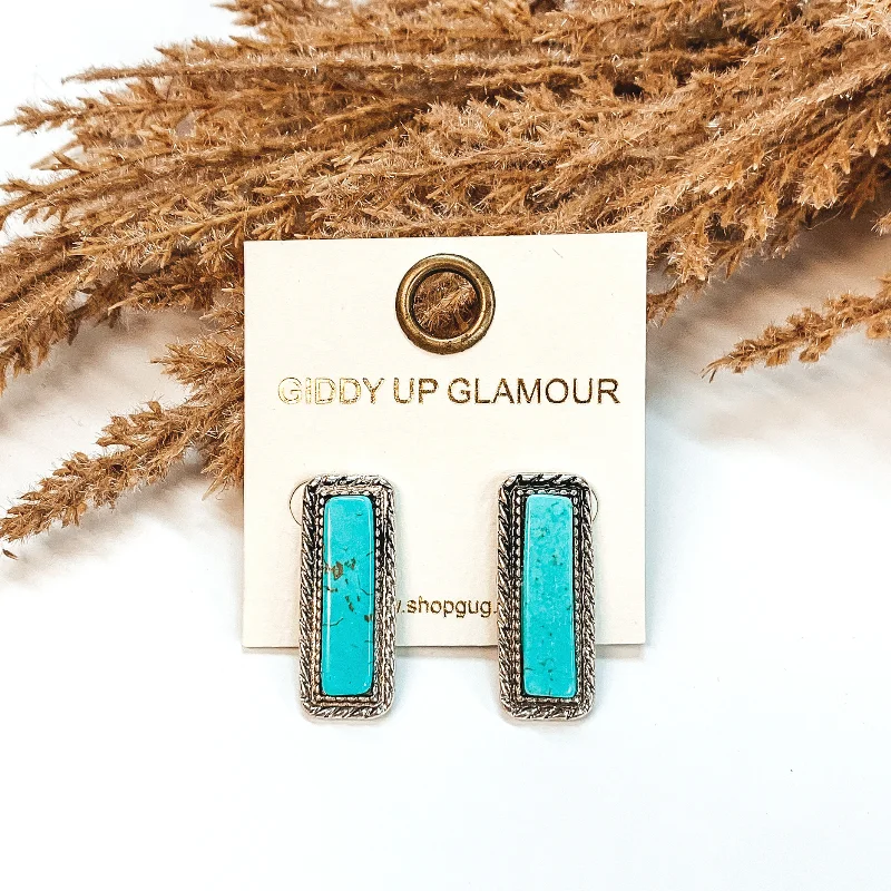 Hippie Stud Earrings with Beads -Post Back Stud Earrings with Rectangle Stone in Turquoise