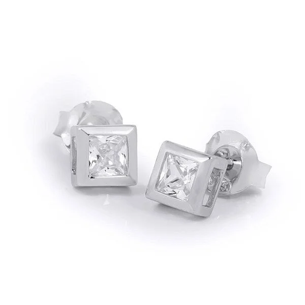 Stud Earrings for Casual Outfit -Princess Cut Stud Earrings Bezel Set 0.50 Carat Sterling Silver 4x4mm