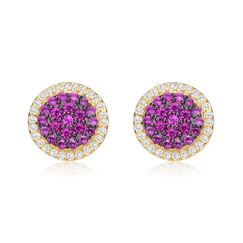 Waterproof Stud Earrings for Outdoor -Radiant Ruby Cluster Stud Earrings with Gold Plating