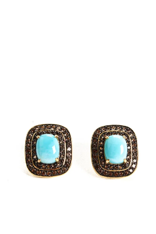 Floral Stud Earrings with Petals -Rarities Womens Sterling Silver Gold Plated Cabochon Blue Larimar Quartz Pave Stud Earrings 0.6"