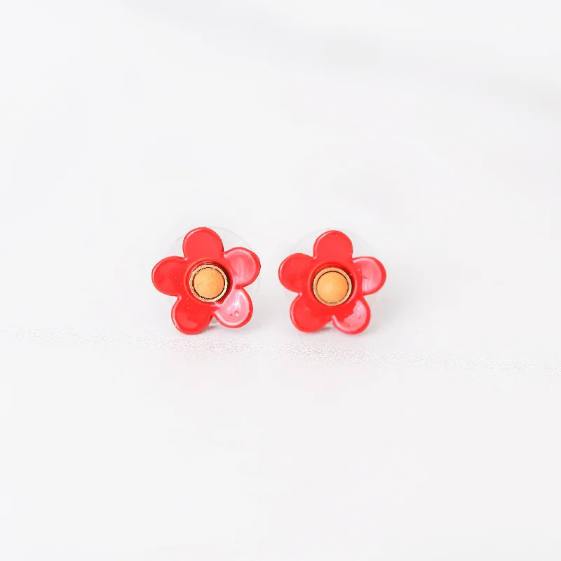 Stud Earrings with Enamel -Red Daisy Stud Earrings