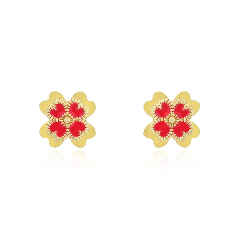 Small Stud Earrings for Delicate -Red Enamel Four Leaf Clover Stud Earrings