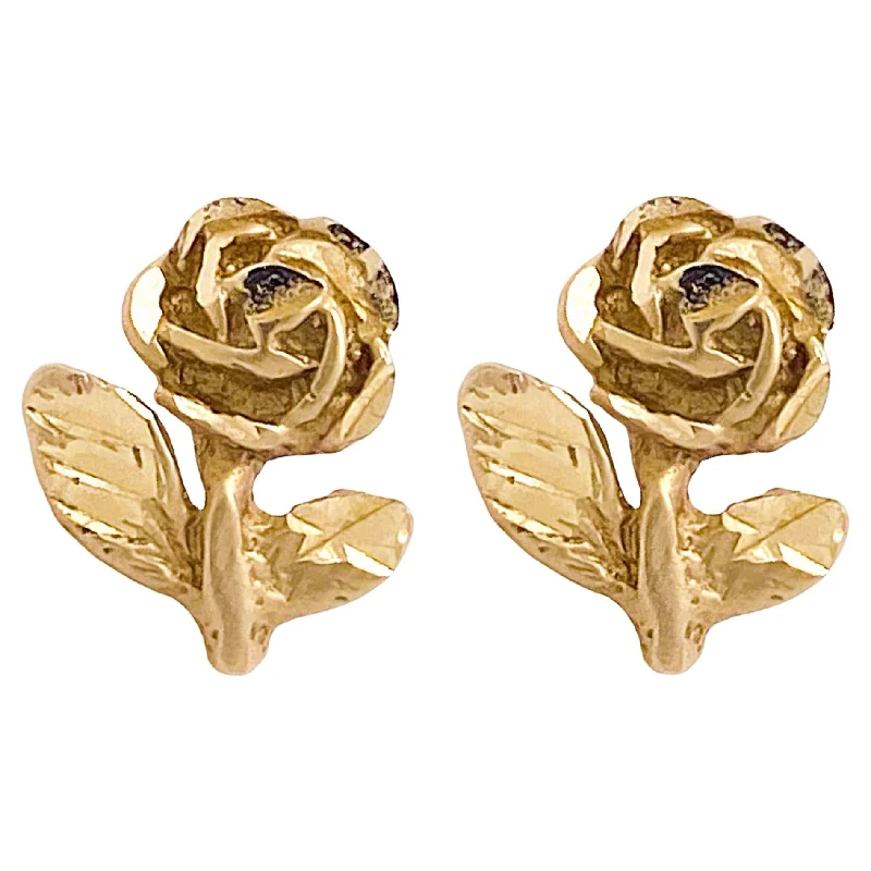 Bohemian Stud Earrings with Tassels -Rose Stud Earrings, Yellow Gold, Detailed Rose Flower Stud