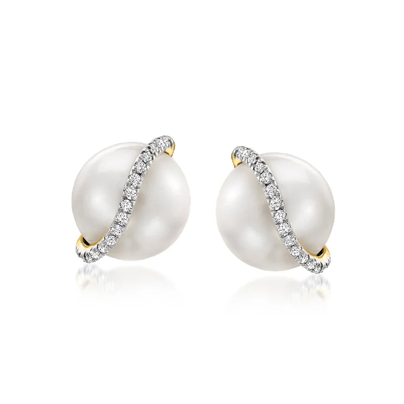 Stud Earrings with Wave Designs -Ross-Simons 8-8.5mm Cultured Pearl Stud Earrings With Diamond Accents in 14kt Yellow Gold