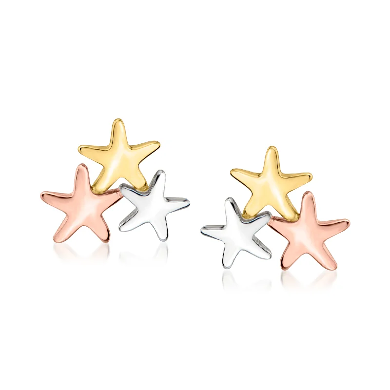 Stud Earrings with Embossed Patterns -Ross-Simons Italian 14kt Tri-Colored Gold Stars Stud Earrings