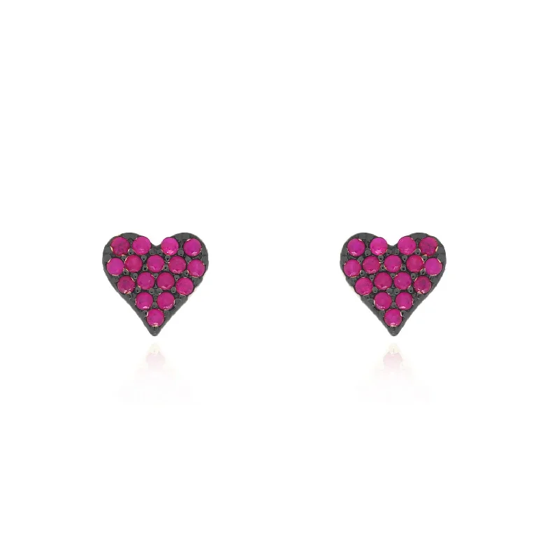 Stud Earrings for Prom Night -Ruby and Black Rhodium Heart Stud Earrings