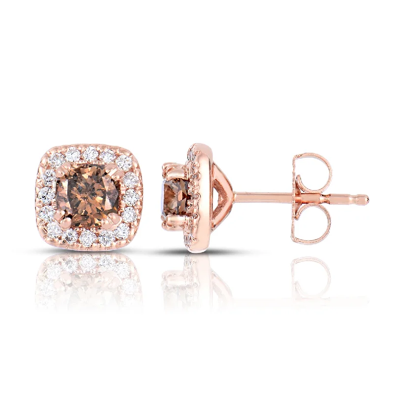 Stud Earrings with Enamel -Sabel Collection 14K Rose Gold Cushion Fancy Color Diamond Stud Earrings with White Diamond Halo