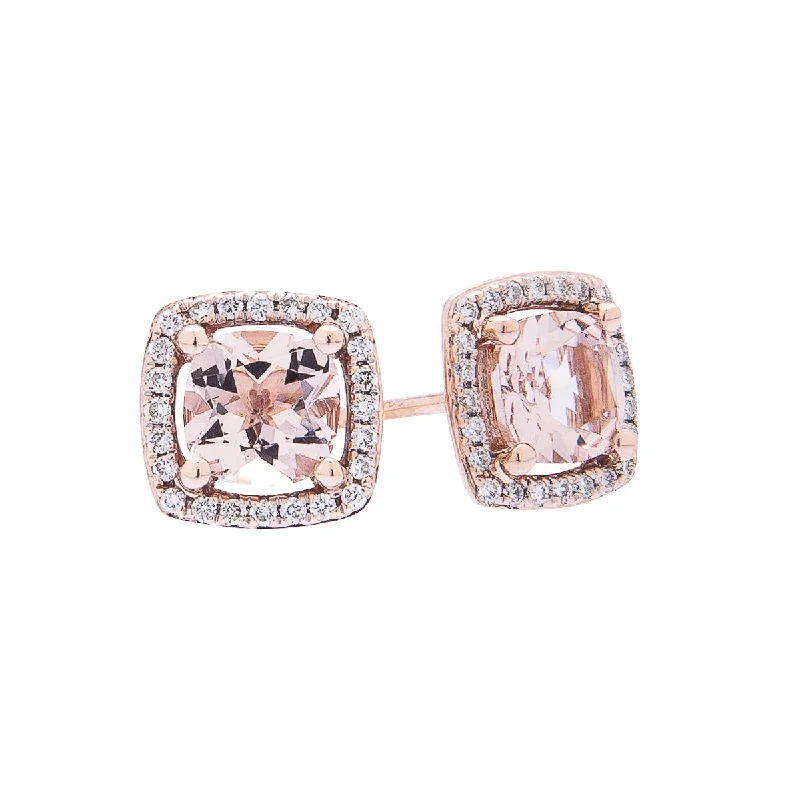 Stud Earrings for Bridesmaids Look -Sabel Collection 14K Rose Gold Cushion Morganite with Diamond Halo Stud Earrings