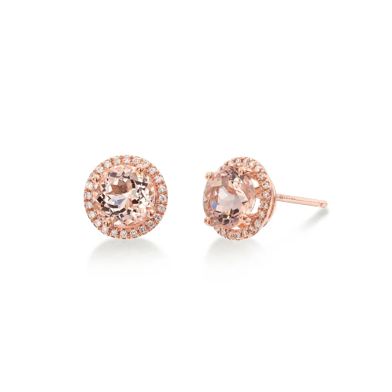 Triangular Stud Earrings for Edge -Sabel Collection 14K Rose Gold Morganite and Diamond Halo Stud Earrings