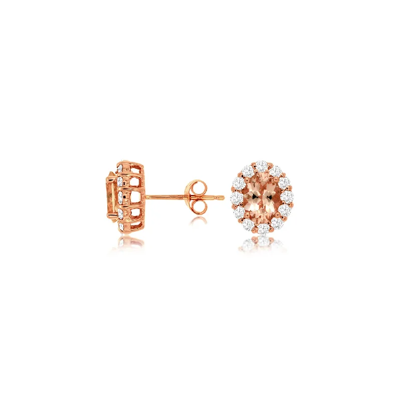 Pearl Stud Earrings for Elegance -Sabel Collection 14K Rose Gold Oval Morganite and Diamond Halo Stud Earrings