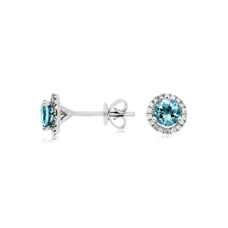 Heart Shaped Stud Earrings for Love -Sabel Collection 14K White Gold Aquamarine and Diamond Halo Stud Earrings