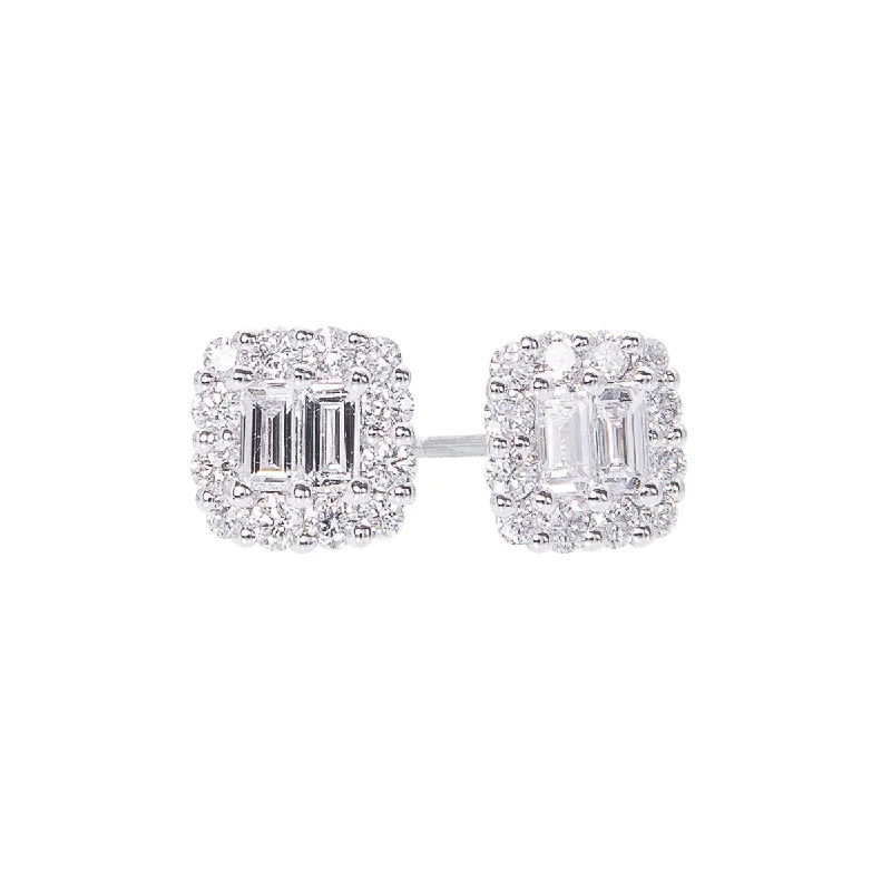 Stud Earrings with Textured Surface -Sabel Collection 14K White Gold Baguette and Round Diamond Stud Earrings