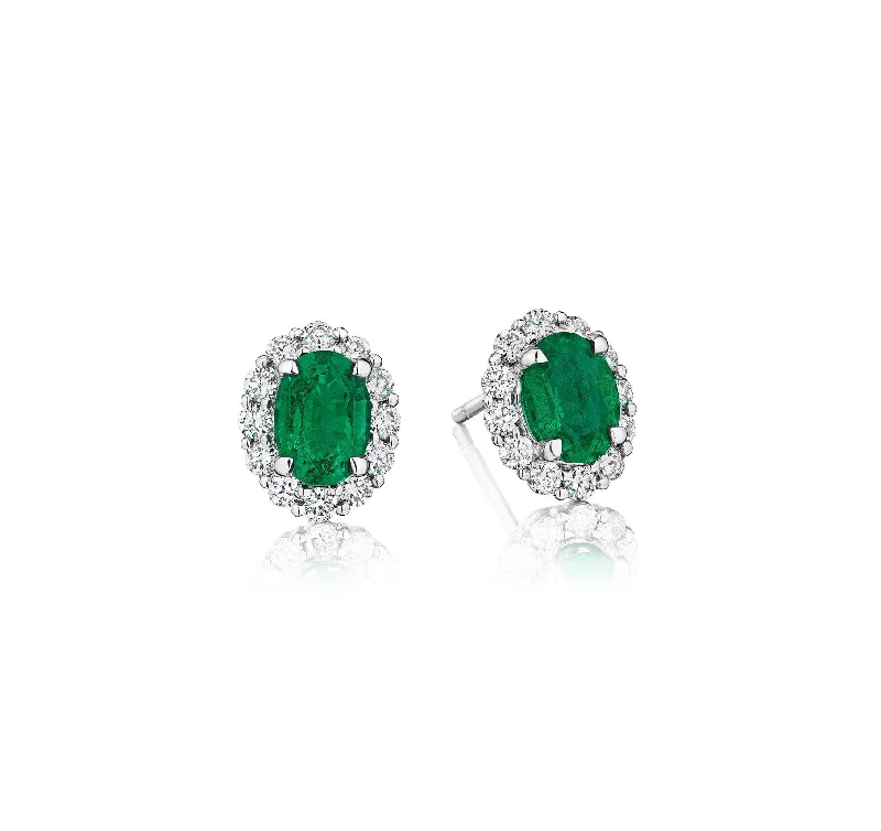 Stud Earrings with Leaf Motifs -Sabel Collection 14K White Gold Oval Emerald and Diamond Halo Stud Earrings