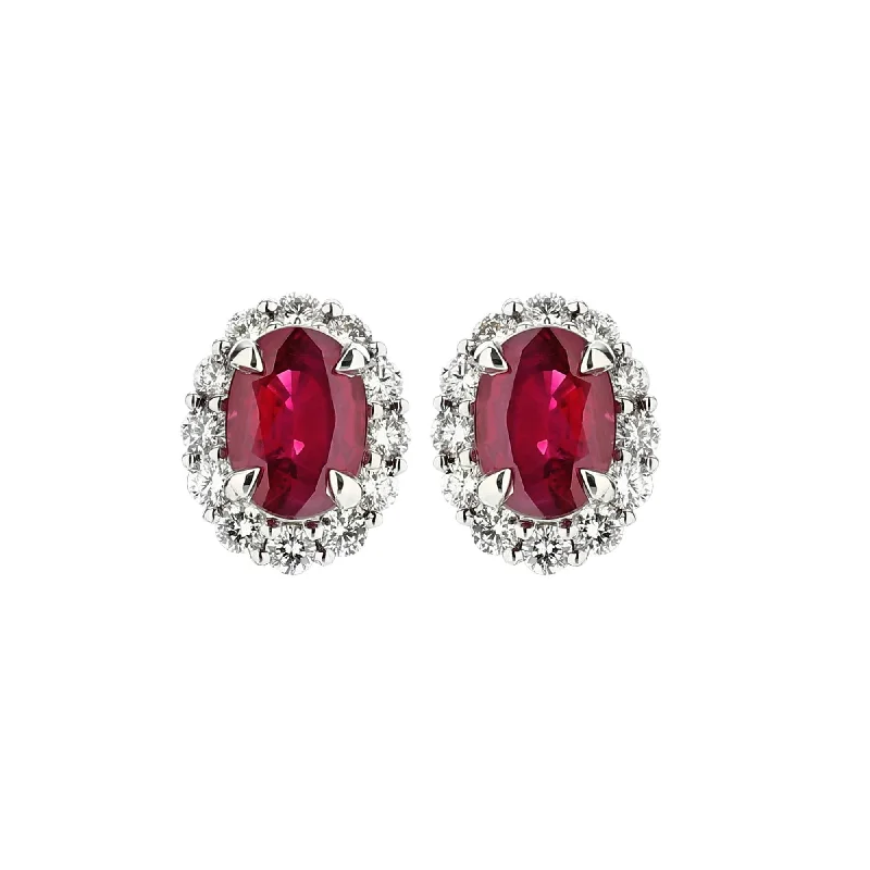 Maximalist Stud Earrings for Bling -Sabel Collection 14K White Gold Oval Ruby and Diamond Halo Stud Earrings