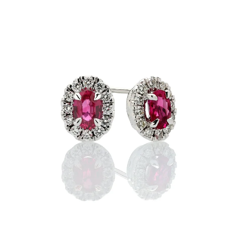 Oval Stud Earrings for Grace -Sabel Collection 14K White Gold Oval Ruby and Diamond Stud Earrings