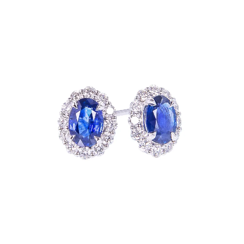 Stud Earrings with Floral Motifs -Sabel Collection 14K White Gold Oval Sapphire and Diamond Halo Stud Earrings