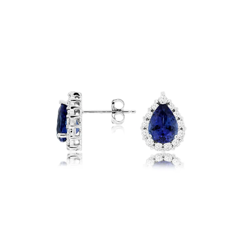 Stud Earrings with Wave Designs -Sabel Collection 14K White Gold Pear Tanzanite and Diamond Halo Stud Earrings