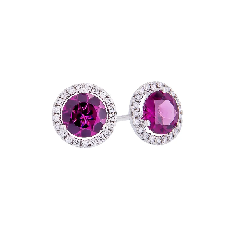 Stud Earrings with Pearls and Diamonds -Sabel Collection 14K White Gold Round Rhodolite Garnet and Diamond Halo Stud Earrings