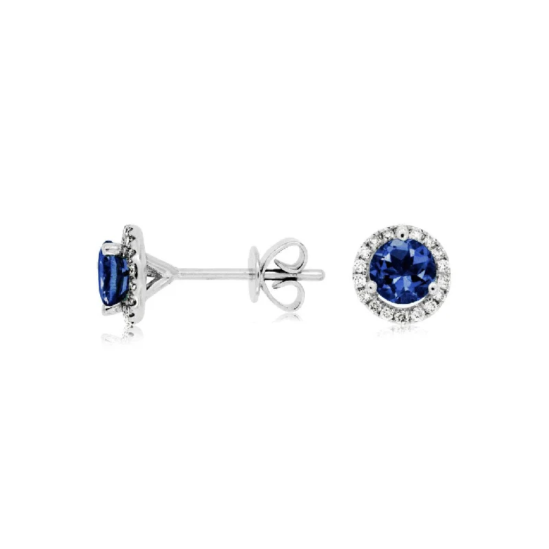 Square Stud Earrings for Modern -Sabel Collection 14K White Gold Sapphire and Diamond Halo Stud Earrings