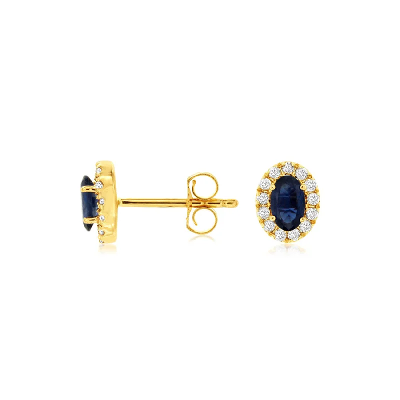 Stud Earrings with Knot Designs -Sabel Collection 14K Yellow Gold Oval Sapphire and Halo Diamond Stud Earrings