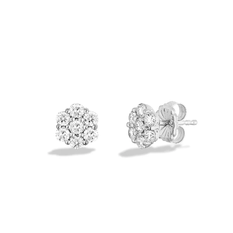 Retro Stud Earrings for Nostalgia -Sabel Collection 18K White Gold Round Diamond Cluster Stud Earrings