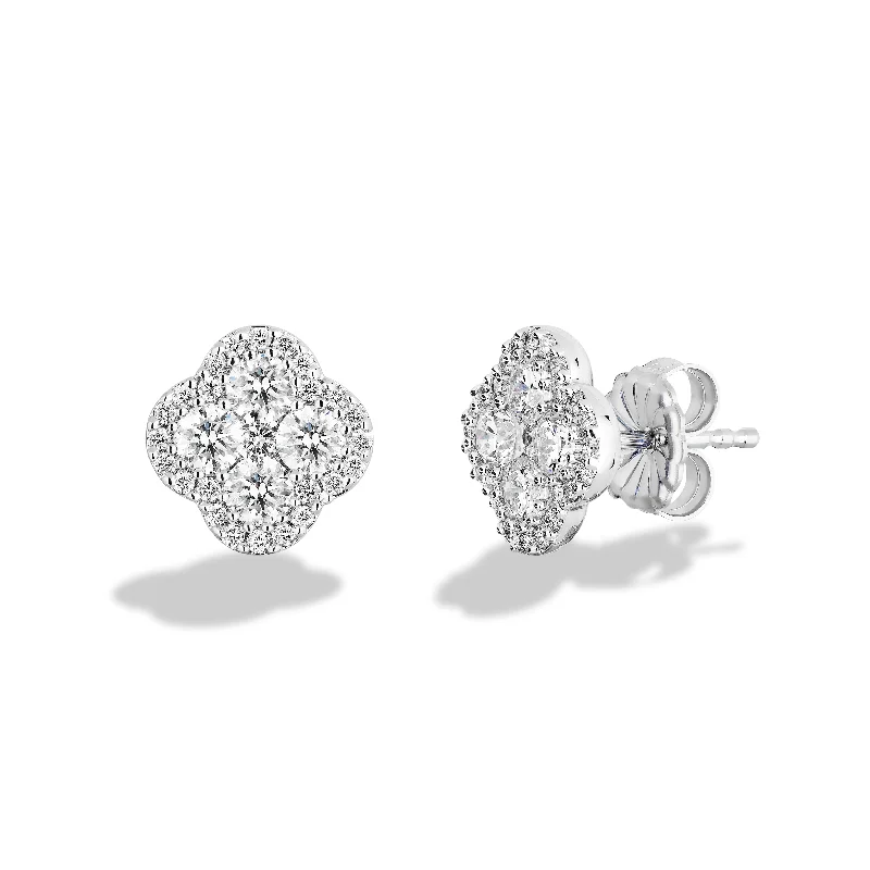 Indian Stud Earrings with Intricacy -Sabel Collection 18K White Gold Round Diamond Clover Shape Stud Earrings